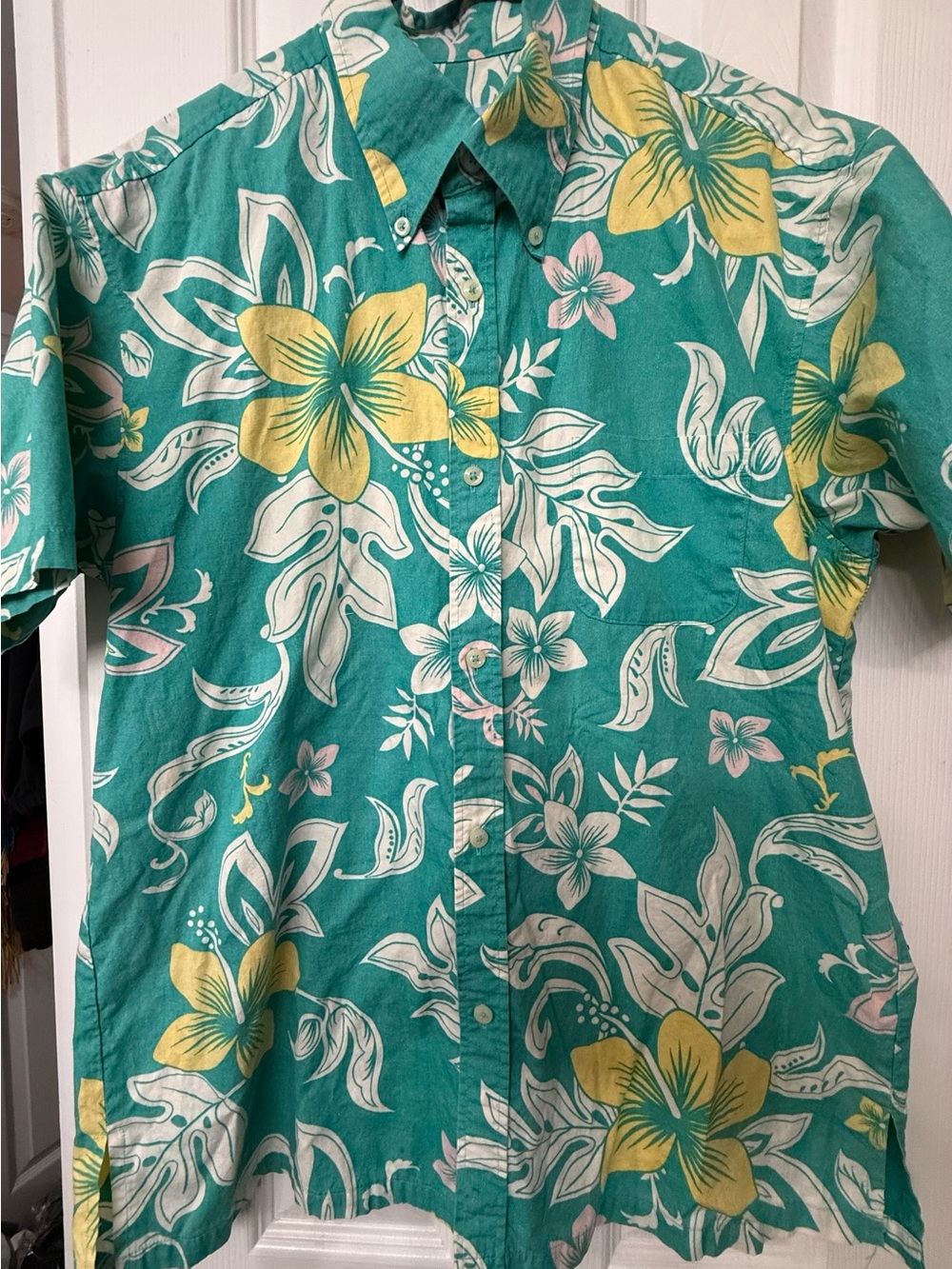 Vintage ShisaTropical WearCasual Teal Floral Short-Sleeve Button-Down Shirt